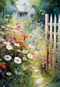 dreamy atmosphere in watercolor of a garden with wild flowers and closed with a fence, soft colorful, style ciro marchetti