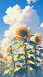植物动漫风插画向日葵蓝天白云场景背景图片素材