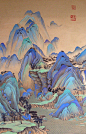 Сине-зеленый пейзаж в старинном стиле в технике Гунби