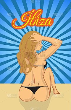 伊比沙岛。夏季海报与卡通风格比基尼女孩和装饰文字。使用它印刷或网站聚会，网站或包装设计。