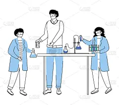 科学课平面等高线矢量插图。用试管进行实验，简单绘图。孩子们和化学老师在白色背景上孤立卡通人物轮廓