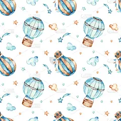 热气球，星星，白色背景的云彩。男孩水彩画无缝制布娃娃图案