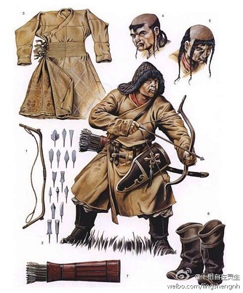 蒙古弓箭手服饰及装备复原图，以及当年使用...
