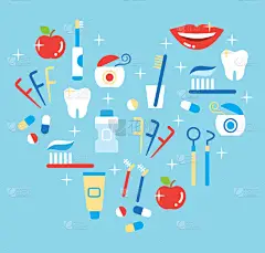 牙科保健概念。牙刷、 牙线、 牙膏、 漱口水、 苹果，和清洁口腔医学矢量图