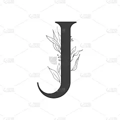 向量花字母。j字母设计婚礼请柬、卡片、花商名片的装饰。线条艺术风格的精致的树枝和树叶
