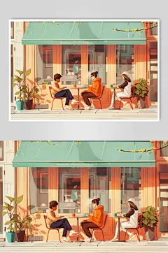 AI数字艺术咖啡厅下午茶人物插画-众图网