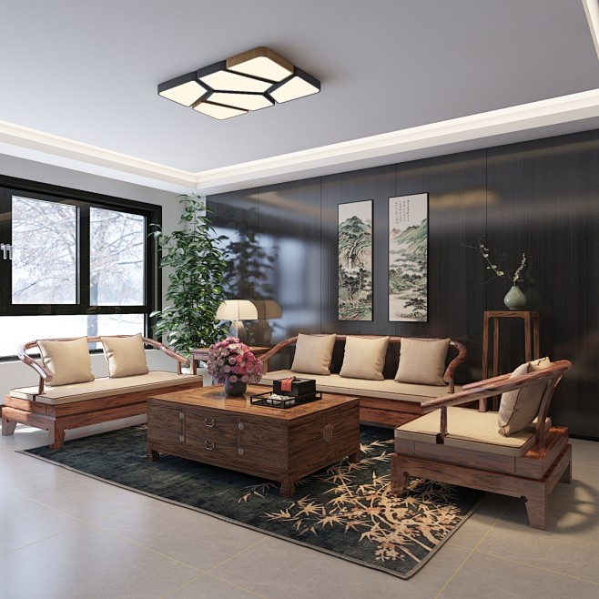 大气的新中式客厅空间 - 佛心居设计效果...