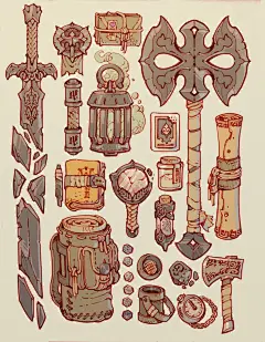 The cursed knight's inventory of mementos and a shattered symbol of authority.