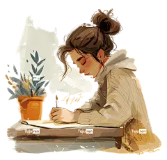 笔友女孩在办公桌上写作盆栽毛衣马尾辫—女孩在背景中用盆栽植物写作