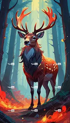 数字艺术 鹿 森林 程式化的 发光的鹿角 神秘 黎明 自然 黄昏