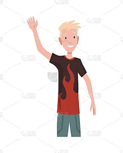 小男孩挥手打招呼的姿势。穿着休闲装的人物向你问好。国家代表面带微笑地迎接你