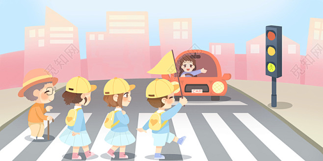 小学生过马路注意交通安全原创插画海报