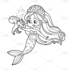 珊瑚头冠上可爱的美人鱼小女孩与一只小章鱼交谈，这只章鱼勾画出了用白色背景隔开的彩色页面的轮廓