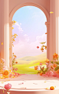 3d space background with pillars and flowers, in the style of childlike innocence and charm, pastel-colored scenes, vibrant stage backdrops, romanticized views, natural beauty, pink and orange, windows vista