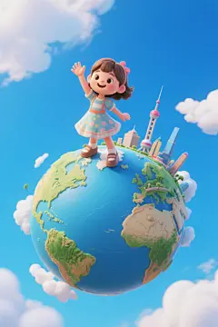 卡通地球旅行儿童人物模型