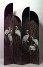 Asian Chinese style (20th Cent) black coromandel 4 fold screen with heron design and 4 graduated tier panels: 