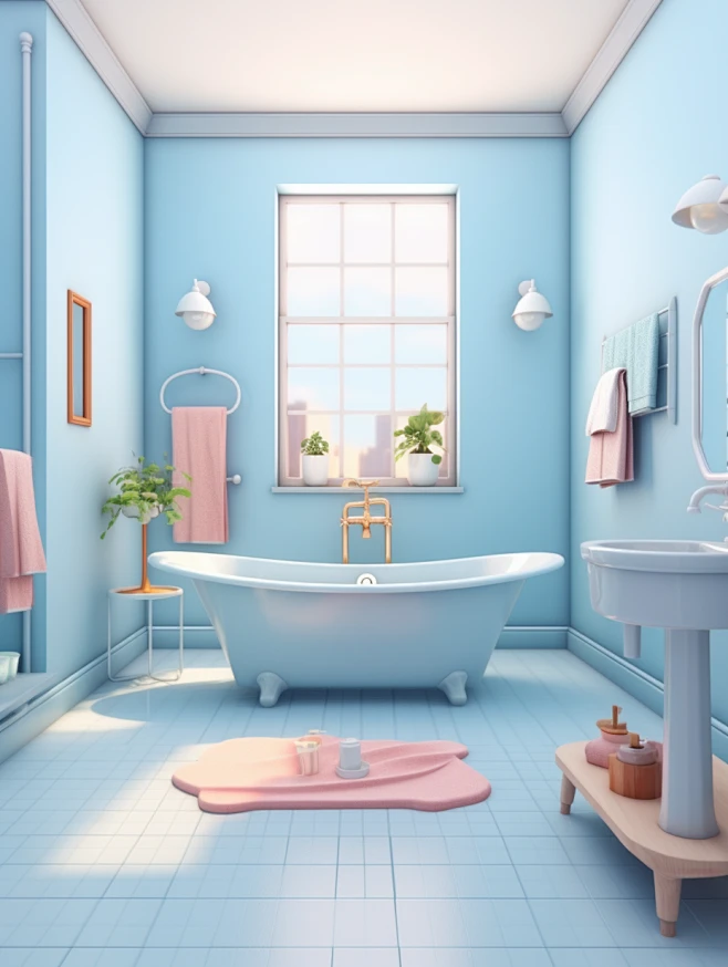 light blue bathroom,2.5D,3D art, C4D, octane rendering, 3D render, ray ...