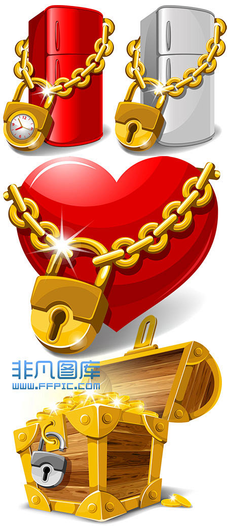 逼真立体爱心铁锁铁链钱箱矢量图下载-非凡...