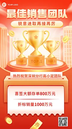 金融保险最佳销售团队表彰喜报2.5D喜庆手机海报