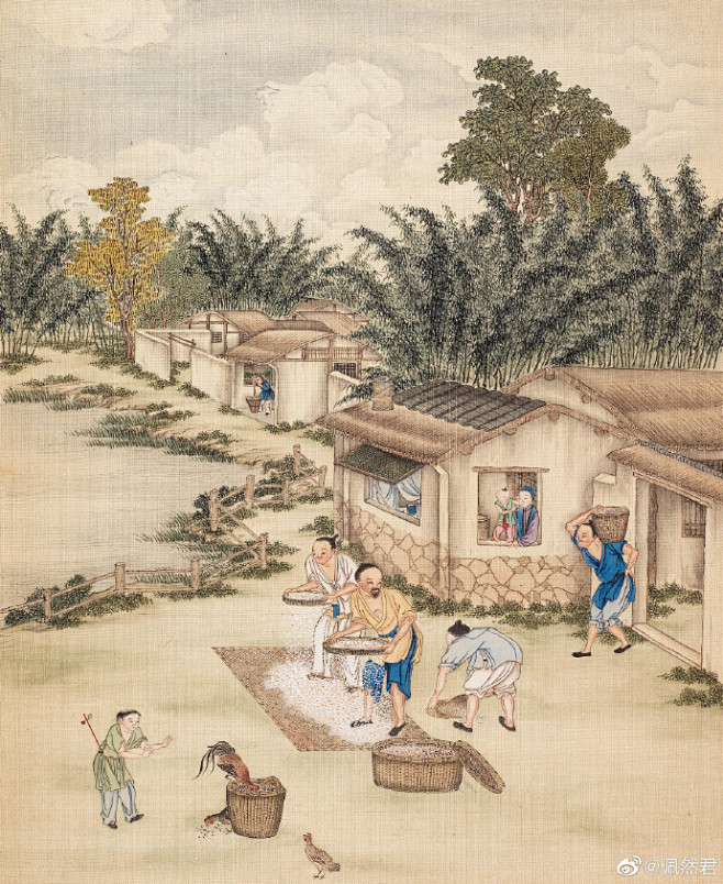 书法绘画 | 清耕织图册 耕织图题材始于南宋，描写性别分工的古代农业社会，男耕女织各司其职。#遇见艺术##书画#