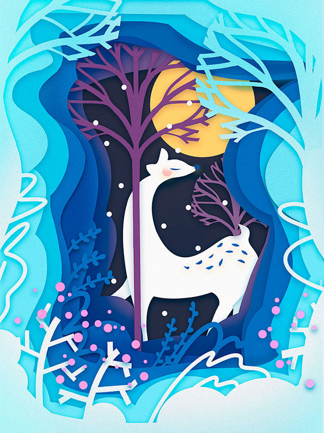 唯美卡通动物麋鹿梅花鹿插图插画剪纸创意P...