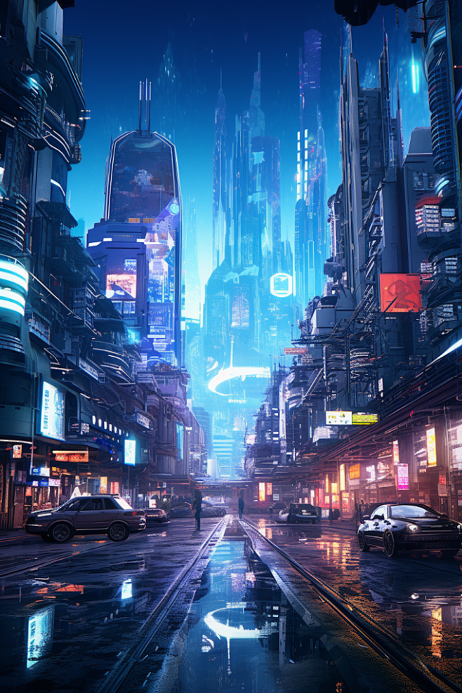 AI数字艺术赛博朋克风都市城市街景插画