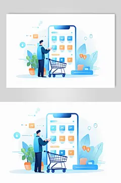 AI数字艺术扁平化电商购物人物插画