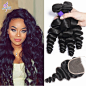 Mink 7A Brazilian Virgin Hair Loose Wave With Closure Virgin Brazilian Loose Curly Hair Weave 4 Bundles With Closure More Wavy