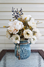 Fall Flower Arrangement, Home Decor, Center Piece,  White Flowers, Blue Berries, Blue Ceramic Vase, Silk Arrangement: 