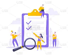 教学大纲任务完成概念小人用扩音器，放大镜和铅笔旁边巨大的剪贴板检查和勾标记扁式设计矢量图孤立的白色背