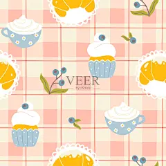 可爱的早餐卡通格纳姆无缝图案牛角面包，咖啡，蓝莓纸杯蛋糕。格子格格子在夏季调色板手绘时尚简单插图。早上共鸣图片-商业图片-正版原创图片下载购买-Veer图库