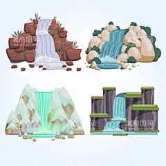 瀑布   - 源文件下载【酷图网】瀑布,卡通,手绘,风景,大自然,水流,山水风光,跌水,垂直跌落,垂水,流动的河水