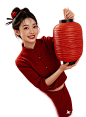 模特女-红色衣服-红色背景-亚洲面孔-光感--半身照-头微微扬起，手里拿红色小灯笼-(1)