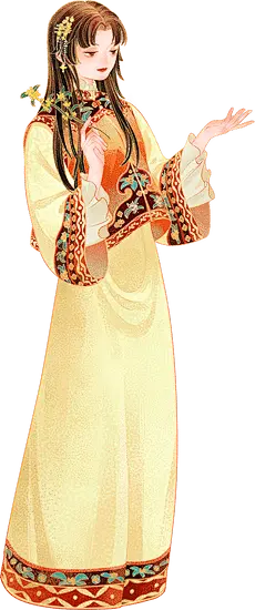 中国风细线渐变噪点秋季人物插画-清代马甲长裙女