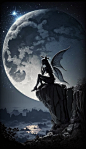 Magical fairy sitting on the rock and looking on the moon, digital photography,