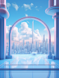 a futuristic window opening in the sky, in the style of romanticized cityscapes, daz3d, sky-blue, yanjun cheng, retro charm, fluid and organic shapes, monochromatic color scheme