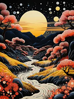 富有想象力的奇幻风景插画海报金黄色蘑菇