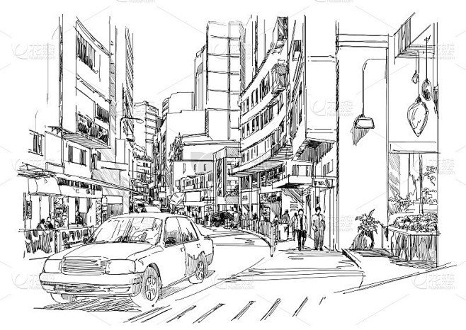 城市街道、城市景观素描，手绘