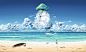 Anime 3000x1800 beach sea clouds trees fantasy art waves