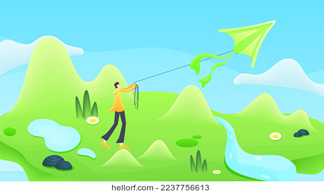 春天里在户外山下的草地上放风筝的女孩矢量