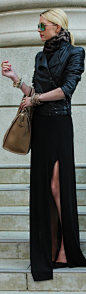 Long slit skirt & leather jacket w/a touch of leopard print