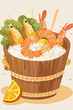 美味的海鲜木桶饭煲仔饭美食插画