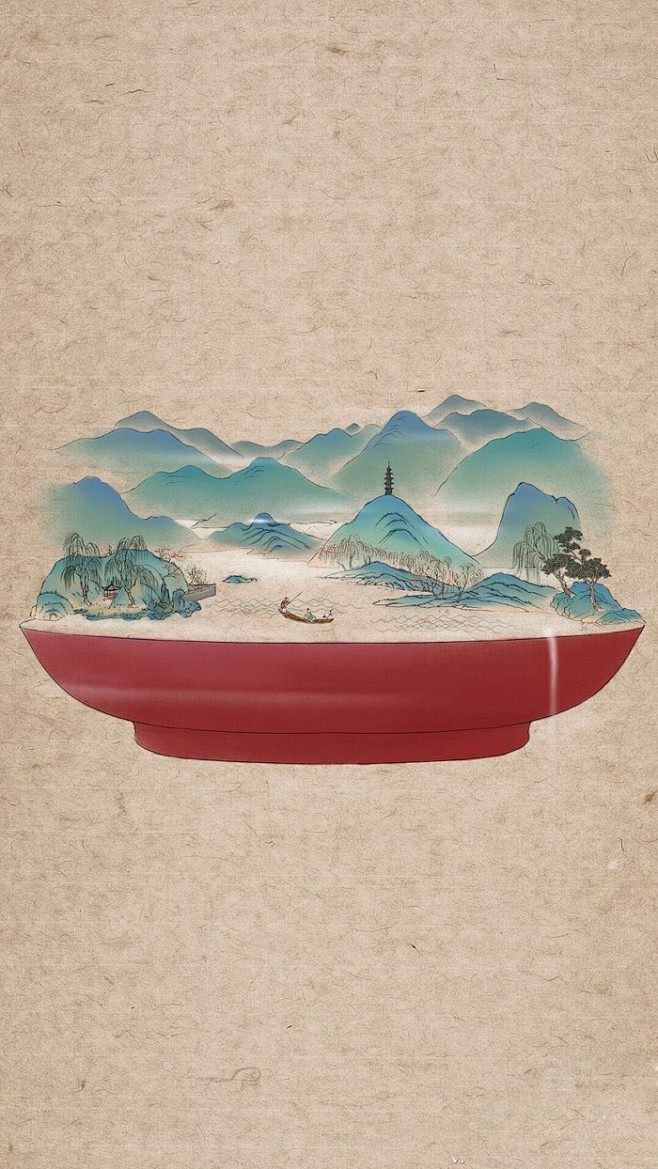 中国风古典手绘 ---- 杯装山水 _创...