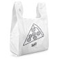 Low Density Plastic Bags (500 per case) : These low density white t-shirt bags display Slice on one side and an image of a pizza slice on the back side. Low density bags are thick, flexible, and resistant to puncturing and tearing. These bags also have a 