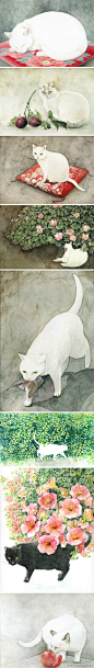 #森女绘画本子#猫画儿。山田绿东京插画师。她的插画非常细腻，构图干净。喜欢用水彩和水性笔上色。（via：画片集）