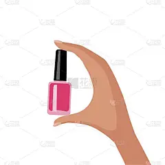白色背景下，女士手持一瓶紫红色指甲油。水疗美容时尚概念平面矢量插图。美甲配件，设备工具
