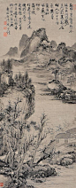 石涛——《溪岸幽居》【数椽卜筑近清溪...】人物山水立轴欣赏  |  <br/>明末清初|石涛(1642-1708)，原姓朱名若极，桂林人祖籍凤阳，小字阿长，僧法号元济、原济，自称苦瓜和尚。别号枝下叟、济山僧、石道人、一枝阁、大涤子、清湘老人、瞎尊者等。与弘仁、髡残、朱耷合称"清初四僧"。工诗善书画山水兼兰竹。广师历代画家之长。是中国绘画史上一位十分重要人物。