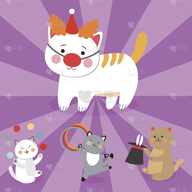 马戏团的猫矢量欢快的插图，为孩子们与小的家养卡通动物扮演哺乳动物素材-花瓣网