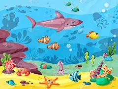 水下生活。 海洋或海水中的野生动物流淌着大的、小的海草珊瑚. 矢量背景