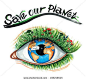 This may contain: an eye with grass growing out of it and the words save our planet written in black